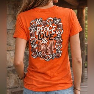 B. Jaxx Women’s Size M Orange Black Peace Love & Football T-Shirt Zebra Heart